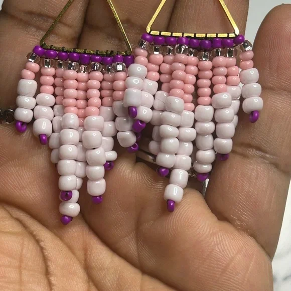 Pink, White & Purple Triangle Fringe Earrings (Gold Frame) - Picture 2 of 3